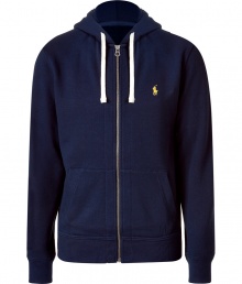 Sporty separates are casual wardrobe essentials, and this Polo Ralph Lauren navy cotton fleece zip up has enduring appeal - Slim, straight cut - Classic hoodie style, with drawstrings, kangaroo pockets and full zipper - Banded waist and cuffs - Embroidered polo pony logo at chest - Easy and indispensable, perfect for pairing with jeans, chinos, shorts or sweatpants Sporty separates are casual wardrobe essentials, and this Polo Ralph Lauren navy cotton fleece zip up has enduring appeal - Slim, straight cut - Classic hoodie style, with drawstrings, kangaroo pockets and full zipper - Banded waist and cuffs - Embroidered polo pony logo at chest - Easy and indispensable, perfect for pairing with jeans, chinos, shorts or sweatpants