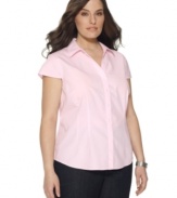 Top off your career looks with Jones New York Signature's cap sleeve plus size shirt, accented by a tonal dot pattern-- it doesn't require ironing!