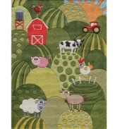 Life on the farm isn't all hard work -- make room for a little fun with this bright, quirky and irresistibly adorable area rug from Momeni! A pastoral scene of grassy hills and barnyard critters is hand-tufted from soft, durable modacrylic, featuring hand-carved details for texture that brings the landscape to life.