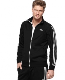 Cool down. Your sporty style may be heating up but you'll stay comfortable in this adidas tricot track jacket featuring Climalite technology to keep you dry. Cool down. Your sporty style may be heating up but you'll stay comfortable in this adidas tricot track jacket featuring Climalite technology to keep you dry.