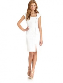 THE LOOKRibbed designSquare neckline with notch collarOffset front zip closureCap sleevesBust and back dartsPrincess seamsVented hemTHE FITAbout 37 from shoulder to hemTHE MATERIAL96% cotton/4% spandexFully linedCARE & ORIGINDry cleanImportedModel shown is 5'9 (175cm) wearing US size 4. 