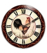 Keep country time with the Chanticleer wall clock and nature's renowned early riser. Featuring a handsome rooster, Roman numerals and a decorative vine-like border. A convex lens protects the clock's face and metal hands.