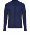 With a timeless blue hue and modern contrast trim, Jil Sanders wool cardigan is both classic and contemporary - High V-neckline, long sleeves, button-down front, contrast trimmed seaming - Slim fit - Wear with a button-down, tailored trousers and lace-ups