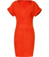 Ultra-luxe orange suede Shiloh dress from Ralph Lauren Collection - A figure-conscious dress in lavish orange suede amps up your day or nighttime look - Slim silhouette, oversized rolled short sleeves, flattering V-neck, hidden back zip closure- Style with nude fishnets and neutral platform shoes