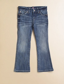From its signature contrast stitching and topstitched back pockets, to its stretch-cotton, Italian fabrication, there is nothing she won't love about these flawlessly faded jeans. Button closureZip flyFive-pocket styleDistressed details along pocketsAdjustable waistbandBelt loopsMetal rivet details Contrast stitchingIntricate stitching on back pockets98% cotton/2% spandexMachine washImported of Italian fabric