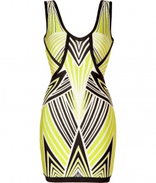Electrify your after-dark looks with Herv? L?gers striking tri-tone printed bandage dress - Scoop neck, sleeveless, bandage style with figure-hugging multi-panels, concealed back zip closure - Extra form-fitting - Style with platform pumps and a statement clutch