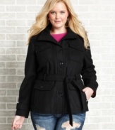 Layer on the style this cold weather season with Dollhouse's plus size belted jacket, featuring a single-breasted design.