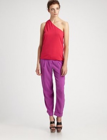 Classic trousers lighten up in bright silk with a hint of stretch.Wide waistband with belt loops Front zip with hook-and-bar closure Inverted pleats Side slash pockets Back slash pockets Cuffed legs Rise, about 10 Inseam, about 30 94% silk/6% spandex Dry clean Imported Classic trousers lighten up in bright silk with a hint of stretch.Wide waistband with belt loops Front zip with hook-and-bar closure Inverted pleats Side slash pockets Back slash pockets Cuffed legs Rise, about 10 Inseam, about 30 94% silk/6% spandex Dry clean Imported