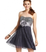 Totally darling, this party dress from Speechless makes a flirty impression with its rosette-adorned sash and glittery a-line skirt!
