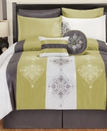 Vertical panels of green, white and gray are embellished with a lustrous sheen and delicate medallion motif in these Simone comforter sets. Two decorative pillows finish the set with pleated and tufted details for added depth in this classically simple look. Vertical panels of green, white and gray are embellished with a lustrous sheen and delicate medallion motif in these Simone comforter sets. Two decorative pillows finish the set with pleated and tufted details for added depth in this classically simple look.
