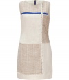 With a chic mix of tonal patchwork patterning, Steffen Schrauts mixed-media shift is a contemporary way to dress up work and cocktail looks alike - Round neckline, sleeveless, fringed trim, exposed back zip with blue trim - Loosely tailored fit - Wear with a boyfriend blazer, pin heels and a leather tote