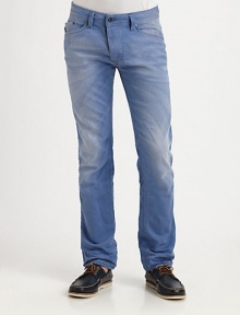 A standard straight-leg fit, this rigid denim style with five-pocket detail, is finished in an authentically worn-in light blue wash.Five-pocket styleInseam, about 3298% cotton/2% elastaneMachine washImported A standard straight-leg fit, this rigid denim style with five-pocket detail, is finished in an authentically worn-in light blue wash.Five-pocket styleInseam, about 3298% cotton/2% elastaneMachine washImported