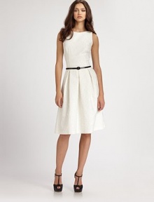 This sweet, feminine design features a slim patent belt and an alluring cutout back.BoatneckSleevelessBlack patent beltPleated skirtBack cutout detailsConcealed back zipFully linedAbout 30 from natural waist54% polyester/46% cottonDry cleanMade in USA of imported fabricModel shown is 5'11 (180cm) wearing US size 4.OUR FIT MODEL RECOMMENDS ordering true size. This sweet, feminine design features a slim patent belt and an alluring cutout back.BoatneckSleevelessBlack patent beltPleated skirtBack cutout detailsConcealed back zipFully linedAbout 30 from natural waist54% polyester/46% cottonDry cleanMade in USA of imported fabricModel shown is 5'11 (180cm) wearing US size 4.OUR FIT MODEL RECOMMENDS ordering true size.
