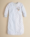 Polka dots and stripes in a muted blue and white color palette adorn this ultra-comfy blanket sleeper from Absorba.