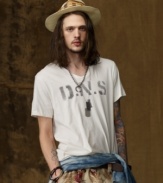 A weathered surplus-inspired tee constructed from super-soft jersey cotton is ideal for layered downtown looks.