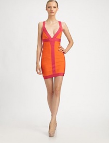 Sexy, snug, and vibrantly hued, accented by bold contrast trim.Plunging V necklineSleevelessV backBack zipAbout 20 from natural waist90% rayon/9% nylon/1% spandexDry cleanImportedModel shown is 5'9 (175cm) wearing US size Small. 