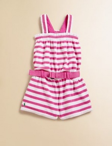 A warm-weather-ready romper is crafted from soft striped terrycloth and features a matching belt and signature pony embroidery.Squareneck with smocked trimShoulder strapsPull-on styleBelted waist with double D-ring belt and bow detail90% cotton/10% polyesterMachine washImported A warm-weather-ready romper is crafted from soft striped terrycloth and features a matching belt and signature pony embroidery.Squareneck with smocked trimShoulder strapsPull-on styleBelted waist with double D-ring belt and bow detail90% cotton/10% polyesterMachine washImported