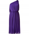 Luxurious cocktail dress in a purple synthetic blend - Stylish one-shoulder toga cut with an accentuated belted waist - The skirt is cut completely straight and lies in fine folds - A breathtaking glamour dress for a grand/elegant occasion - Wear with gold sandals and a color-coordinated clutch