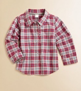 He'll look ultra-handsome in this classic plaid button-down shirt that's clearly too cool for school.Point collarLong sleeves with button cuffsButton-frontShirttail hemCottonMachine washImported Please note: Number of buttons may vary depending on size ordered. 