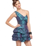 Roberta gives the classic party dress a new attitude through a flirty one-shoulder design and cool iridescent sheen!