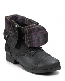 From Steve Madden, a cute cap-toe combat-style boot with a foldover upper, revealing the soft plaid lining.