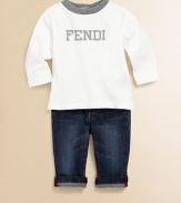 A smart pair for stylish tots, with Fendi logo details at the front and back pockets.Front buttonRear elasticized waistband with belt loopsFive-pocket styleTurned cuffs65% cotton/35% elastaneMachine washMade in Italy of imported fabric