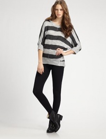 Body-hugging stretch knit, perfect for layering with a draped cardigan or tunic top.Mid-rise waist Slightly ruched hem Pull-on style 47% cotton/47% modal/6% spandex Machine wash Made in USA
