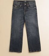 Featuring an adjustable waist for a comfortable fit and a rugged, faded look, he will definitely look cool this season. Button closureZip flyFive-pocket styleAdjustable waistbandBelt loopsMetal rivet details Distressed details along pocketsCottonMachine washImported