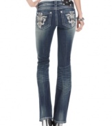 Add glam to your weekend wardrobe with these Miss Me bootcut jeans, featuring rhinestone and embroidered fleur de lis pockets!