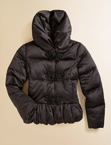 Crafted with thick down fill, a filled hood and an adorable peplum hem, the essential jacket combines unbeatable warmth and a sweet look.Ruched hooded collarLong sleeves with inset rib-knit cuffsConcealed snap-front with soutache cord loop-and-knot closuresSide-seam hand pocketsPeplum hemOutside: PolyesterFill: Down/Other feathersMachine washImported Please note: Number of buttons/snaps may vary depending on size ordered. 