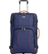 Get out of dodge for a day or extended break with this lightweight and easy-to-manage upright from Kenneth Cole. The streamlined design includes large, fully-lined exterior pockets that expand with a bright orange interior. Zippered lids expand for additional storage space, and ergonomic and comfortable soft grip handles make every trip more comfortable. Limited lifetime warranty.