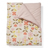 Blossoms in pink, peach and coral with green and grey leaves on a white background reverses to a fun pink and white dot pattern.The American Academy of Pediatrics and the U.S. Consumer Product Safety Commission have made recommendations for safe bedding practices for babies. When putting infants under 12 months to sleep, remove pillows, quilts, comforters, and other soft items from the crib.