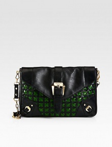Offering everyday charm and style versatility, a leather clutch with a detachable chain-and-leather shoulder strap. Detachable chain-and-leather shoulder strap, 14 dropSnap closureOne outside open pocketOne inside zip pocketTwo inside open pocketsCotton lining12W X 8H X 1½DImported