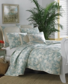 Tommy Bahama's Aqua European sham features a clean ivory background with an aqua tape border in pure cotton for a cool and soothing appearance. Tommy Bahama's Aqua European sham features a clean ivory background with an aqua tape border in pure cotton for a cool and soothing appearance.