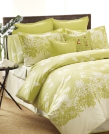 It's always greener. A modern print of botanical silhouettes transforms your room into a tropical oasis with Tommy Bahama's Paradise Isle comforter set. Featuring pure cotton. Includes white bedskirt finished with green trim. (Clearance) It's always greener. A modern print of botanical silhouettes transforms your room into a tropical oasis with Tommy Bahama's Paradise Isle comforter set. Featuring pure cotton. Includes white bedskirt finished with green trim. (Clearance)