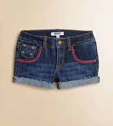Classic jean shorts get an eye-catching update with colorful embroidery, studded details and slightly distressed, cuffed hem.Button closureWaistband with belt loopsZip flyFive-pocket styleSlightly distressed, cuffed hem68% cotton//31% polyester/1% spandexMachine washImported