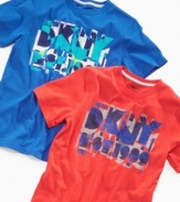 All shook up. Spice up his everyday basics with one of these bright graphic t-shirts from DKNY.