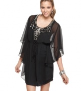 Intricate metallic beading at the neckline and a dreamy cascade of chiffon demand all attention in this dress from Trixxi! Pair it with pumps or tall boots and tights for a look that is the epitome of lovely.