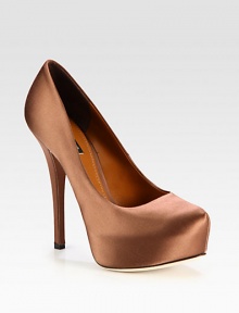 Sumptuous satin on a towering hidden platform and slender heel is the epitome of must-have style. Self-covered heel, 5½ (140mm)Hidden platform, 1½ (40mm)Compares to a 4 heel (100mm)Satin upperLeather lining and solePadded insoleMade in Italy