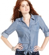 Confess infuses playful spirit into the trend-hot chambray top, equipping this style with polka-dots and a cute, tie-it-up hem.