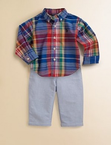 A classically preppy set includes a madras button-down shirt A classically preppy set includes a madras button-down shirt