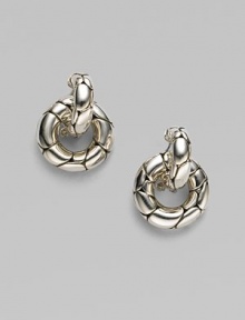 From the Kali Collection. Textured sterling silver in two chunky intertwined loops that create a doorknocker look. Sterling silver Length, about 1 Post-and-hinge back Made in Bali