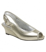 This peep-toe patent wedge by Jessica Simpson is perfect for showing off her pretty pedicure. Complete with a silver buckle and lining, this easy to walk in slingback will have your little lady feeling elegant and all grown-up.