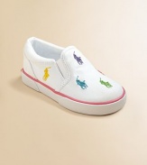 Smart, sturdy cotton canvas slip-ons, sprinkled with bright polo ponies, mix and match her summer play clothes.Cotton canvas upperElasticized side goresPlush terry liningRubber soleImported