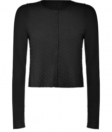 Chic cardigan in sumptuous black cashmere - Lightweight and luxurious material - Elegant, densely woven knit motif - Cropped button down style hits above the hips - Round neck and long, fitted sleeves - Slim cut - Exposed seam detail - A modern twist on a timeless wardrobe essential - Ideal for layering over a t-shirt or blouse - pair with high-waisted trousers or a pencil skirt