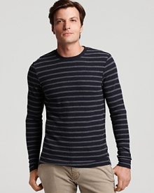 Narrow tonal stripes and sleek silhouette make this crewneck sweater a stand-out from Vince. Narrow tonal stripes and sleek silhouette make this crewneck sweater a stand-out from Vince.