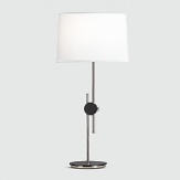 Polished nickel finish over metal with matte black accents. Hi-Lo switch. Ascot white fabric shade with top diffuser.