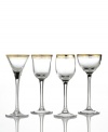Enrich the table with radiant Charter Club stemware. Two bands of glistening gold add a touch of luxury to four unique and simply elegant cordial glasses.