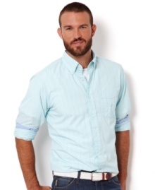 Button up your wardrobe with the perfect finishing touch-a thinly striped long sleeve shirt from Nautica.