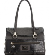 An uptown silhouette with downtown detailing, this satchel by GUESS is ideal for a true city girl. A cotton exterior is detailed with shiny leatherette for a sophisticated yet edgy vibe too chic to resist.